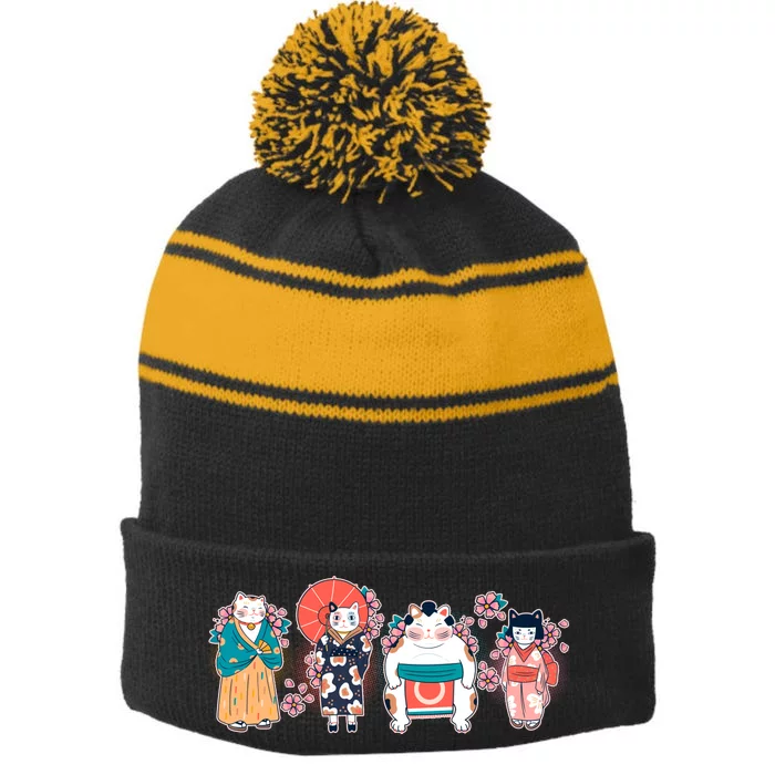 Funny Cute Japanese Cat Neko Family Stripe Pom Pom Beanie