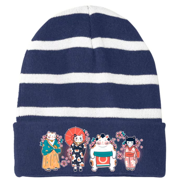 Funny Cute Japanese Cat Neko Family Striped Beanie with Solid Band