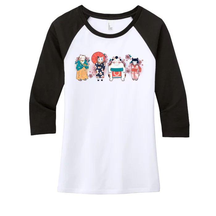 Funny Cute Japanese Cat Neko Family Women's Tri-Blend 3/4-Sleeve Raglan Shirt