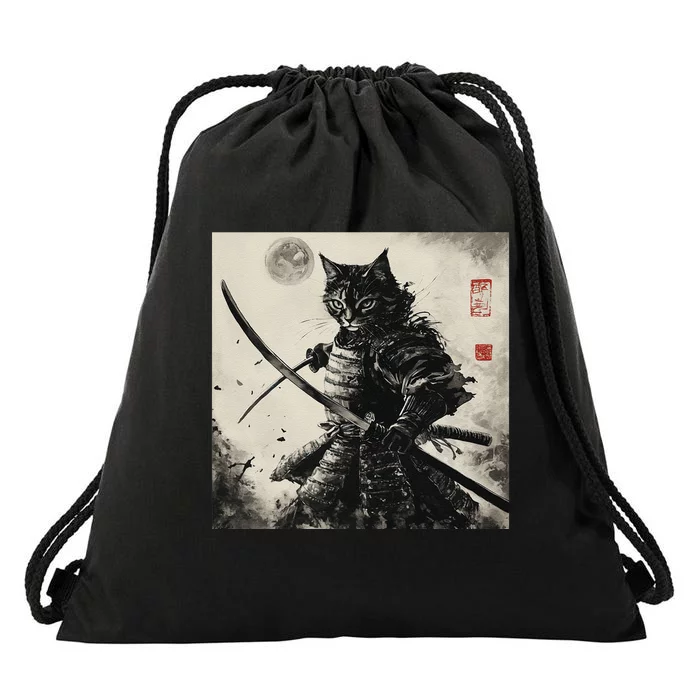 Funny Cat Japanese Samurai Ukiyo E Art Gift Drawstring Bag