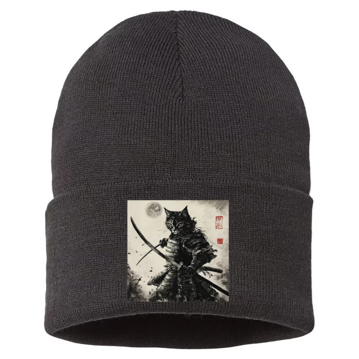 Funny Cat Japanese Samurai Ukiyo E Art Gift Sustainable Knit Beanie