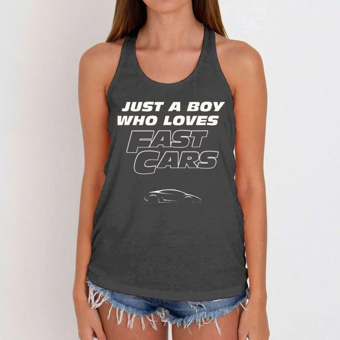 Fast Car Just A Boy Who Loves Fast Cars Funny Gift Women's Knotted Racerback Tank