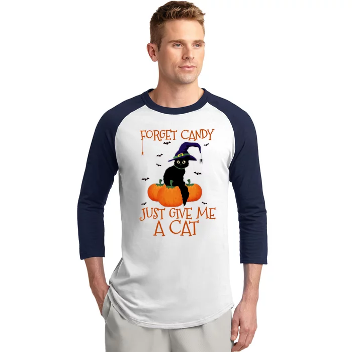 Forget Candy Just Give Me A Cat Funny Halloween Pumpkin Gift Baseball Sleeve Shirt