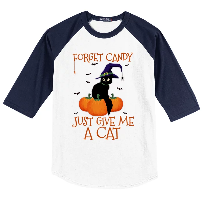 Forget Candy Just Give Me A Cat Funny Halloween Pumpkin Gift Baseball Sleeve Shirt