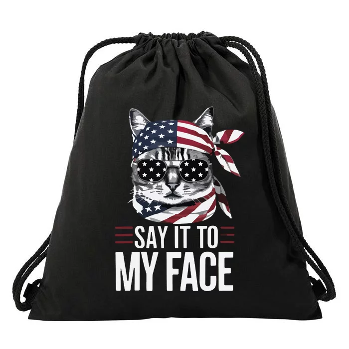 Funny Cat Kamala Harris 2024 Say It To My Face Drawstring Bag