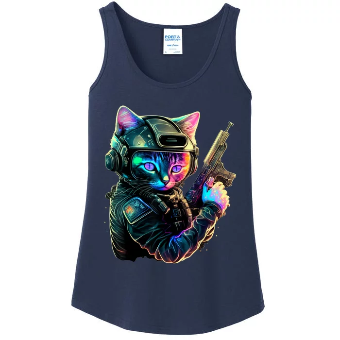 Funny Cat Kitty Pew Gun Meme Rifle Tee Ladies Essential Tank