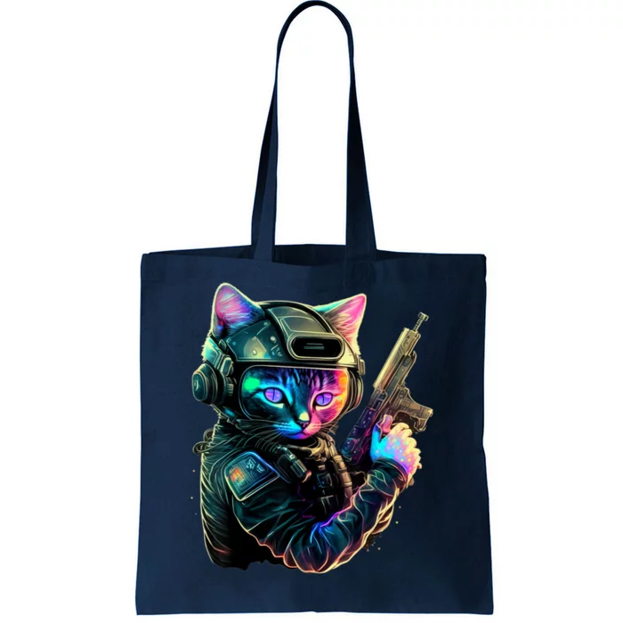 Funny Cat Kitty Pew Gun Meme Rifle Tee Tote Bag