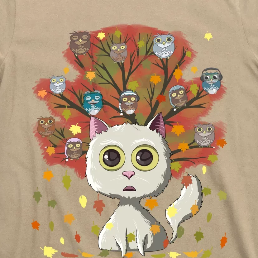 Funny Cute Kawaii Cat Owl Coffee Lover Autumn Leaves Fall Thanksgiving Cool Gift T-Shirt