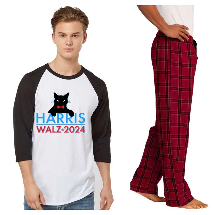 Funny Cute Kamala Harris Tim Walz 2024 Cat Raglan Sleeve Pajama Set