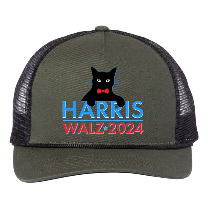 Funny Cute Kamala Harris Tim Walz 2024 Cat Retro Rope Trucker Hat Cap