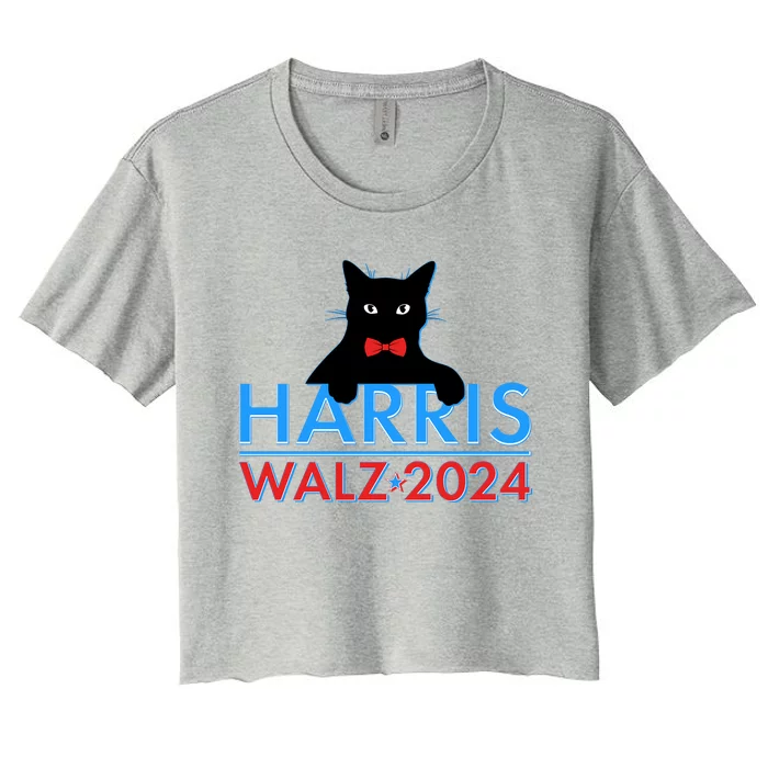 Funny Cute Kamala Harris Tim Walz 2024 Cat Women's Crop Top Tee