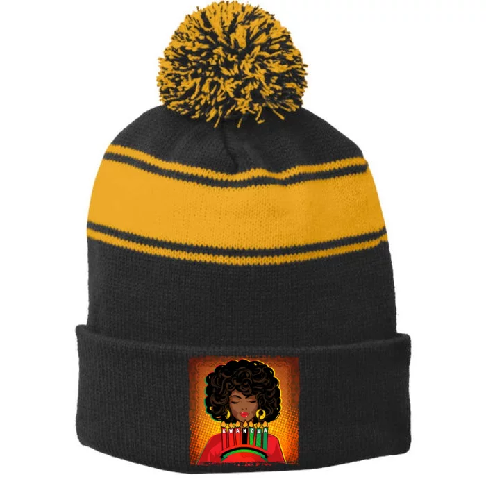 Festive Celebrate Kwanzaa Black African American Woman Stripe Pom Pom Beanie