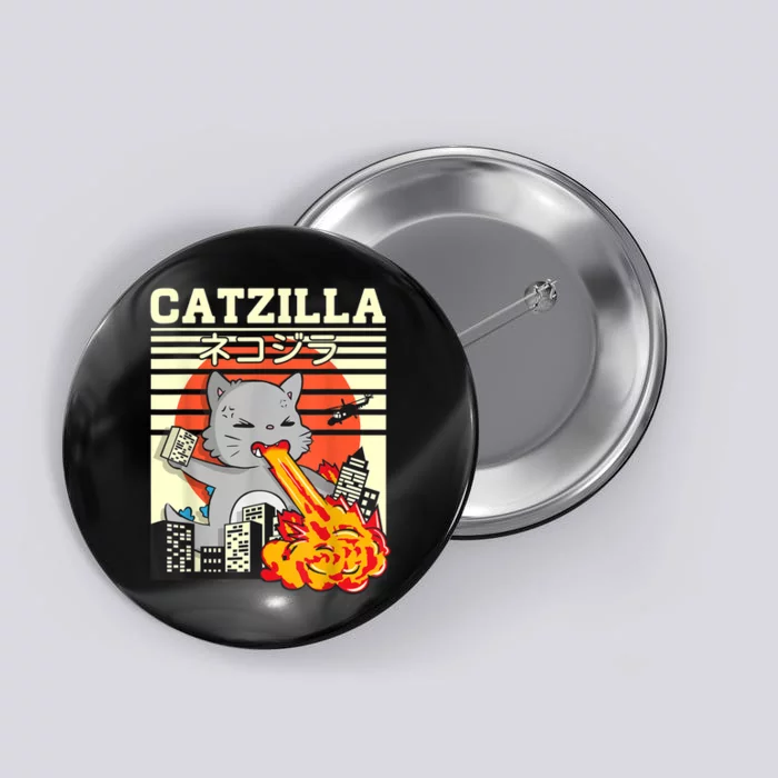 Funny Catzilla Kawaii Cat Kitten Lover Japanese Sunset Button