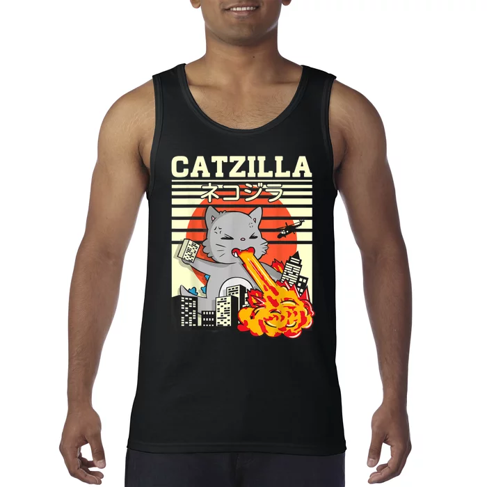 Funny Catzilla Kawaii Cat Kitten Lover Japanese Sunset Tank Top