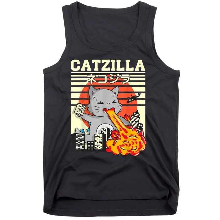 Funny Catzilla Kawaii Cat Kitten Lover Japanese Sunset Tank Top