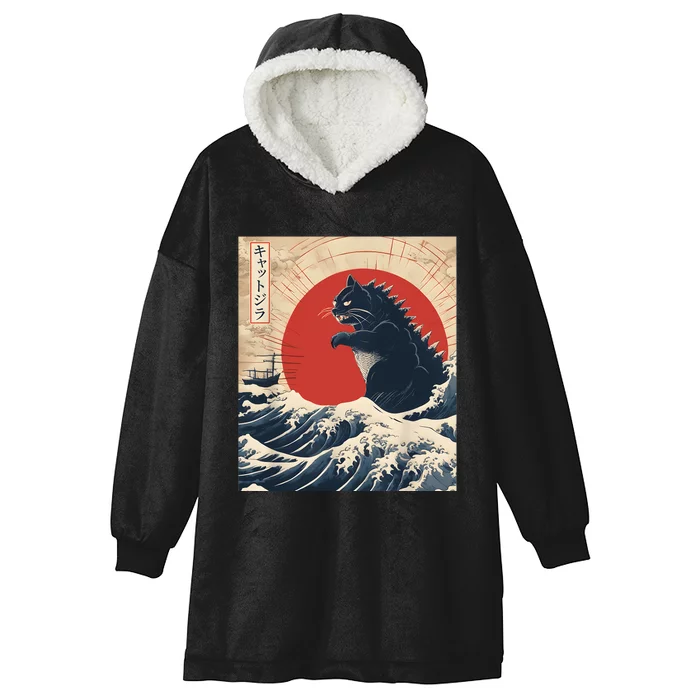 Funny Cat Kaiju Japanese Sunset Vintage Catzilla Great Wave Hooded Wearable Blanket