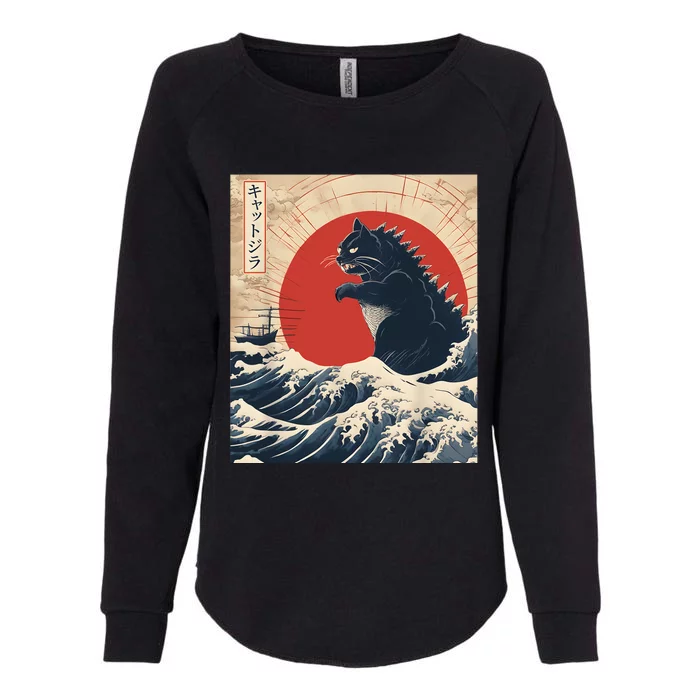 Funny Cat Kaiju Japanese Sunset Vintage Catzilla Great Wave Womens California Wash Sweatshirt