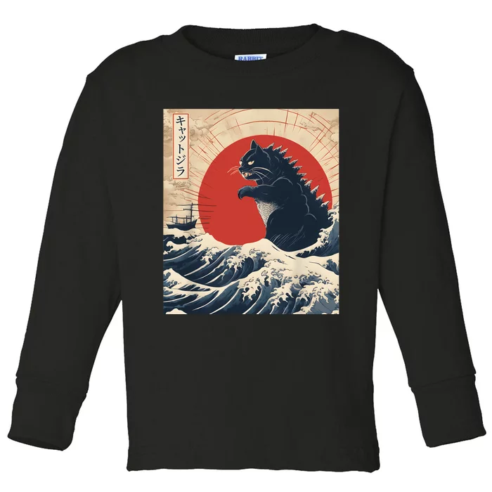 Funny Cat Kaiju Japanese Sunset Vintage Catzilla Great Wave Toddler Long Sleeve Shirt