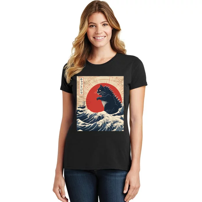 Funny Cat Kaiju Japanese Sunset Vintage Catzilla Great Wave Women's T-Shirt