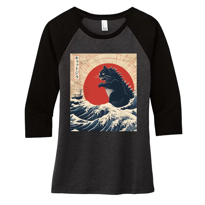 Funny Cat Kaiju Japanese Sunset Vintage Catzilla Great Wave Women's Tri-Blend 3/4-Sleeve Raglan Shirt