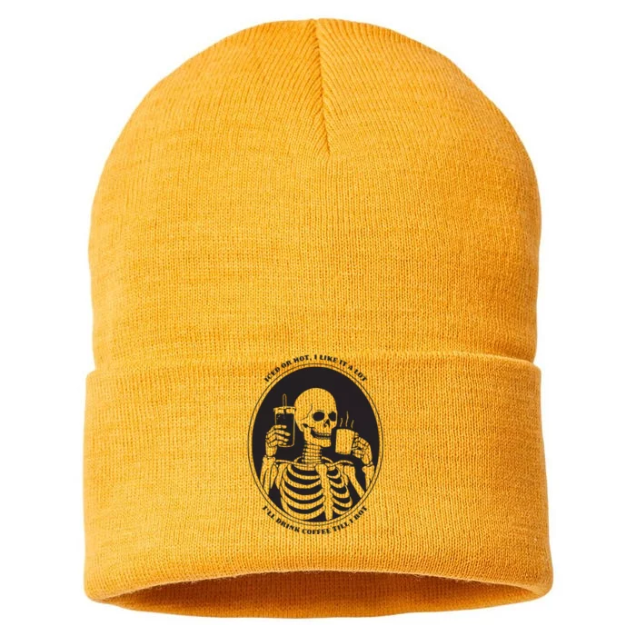 Funny Coffee Lovers Skeleton Coffee Drinker Iced Or Hot Sustainable Knit Beanie