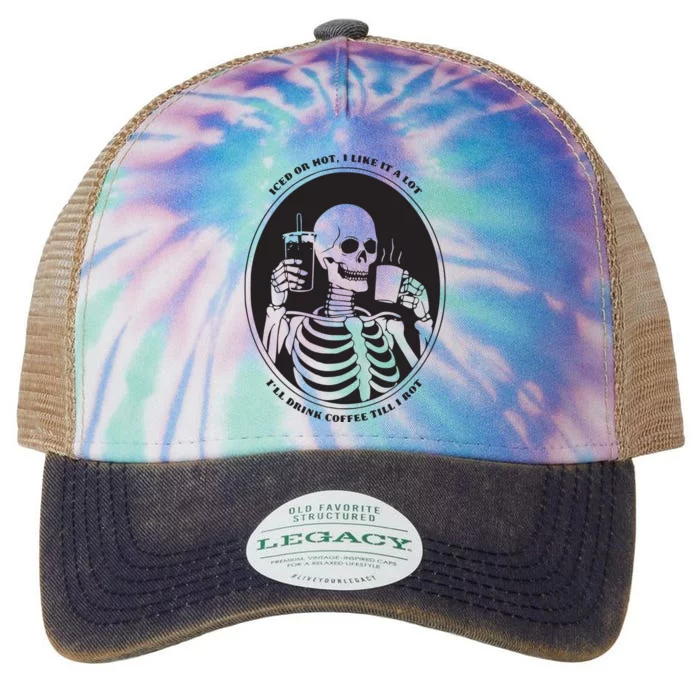 Funny Coffee Lovers Skeleton Coffee Drinker Iced Or Hot Legacy Tie Dye Trucker Hat