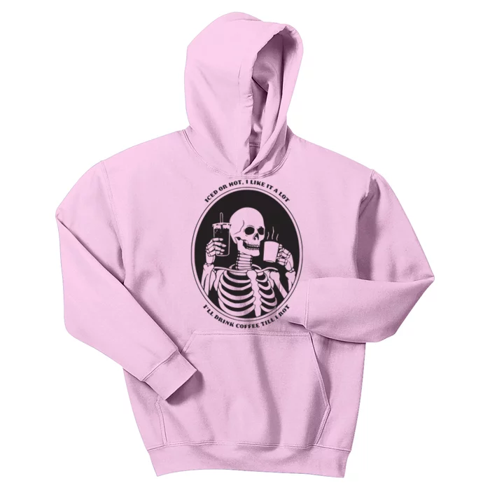 Funny Coffee Lovers Skeleton Coffee Drinker Iced Or Hot Kids Hoodie