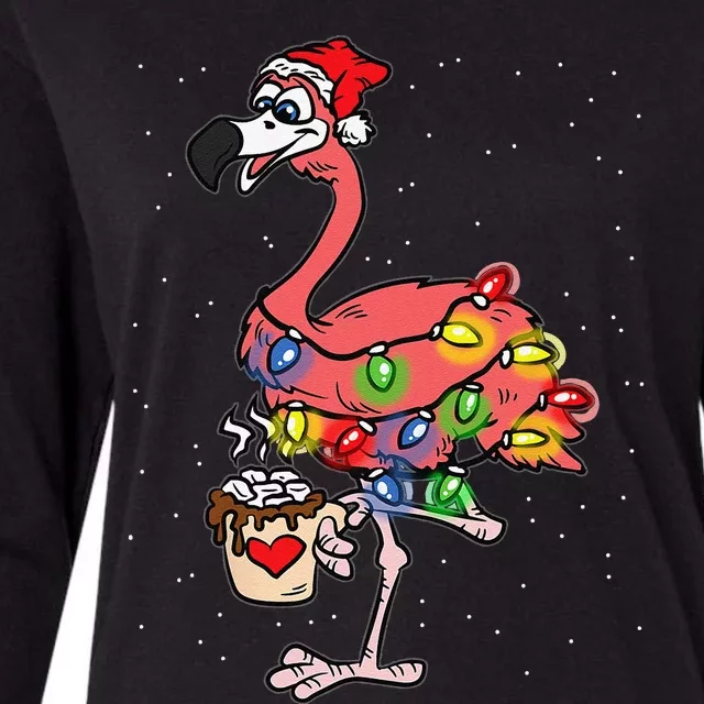 Flamingo Christmas Lights Santa Hat Pajama Cute Animal XMas Womens Cotton Relaxed Long Sleeve T-Shirt