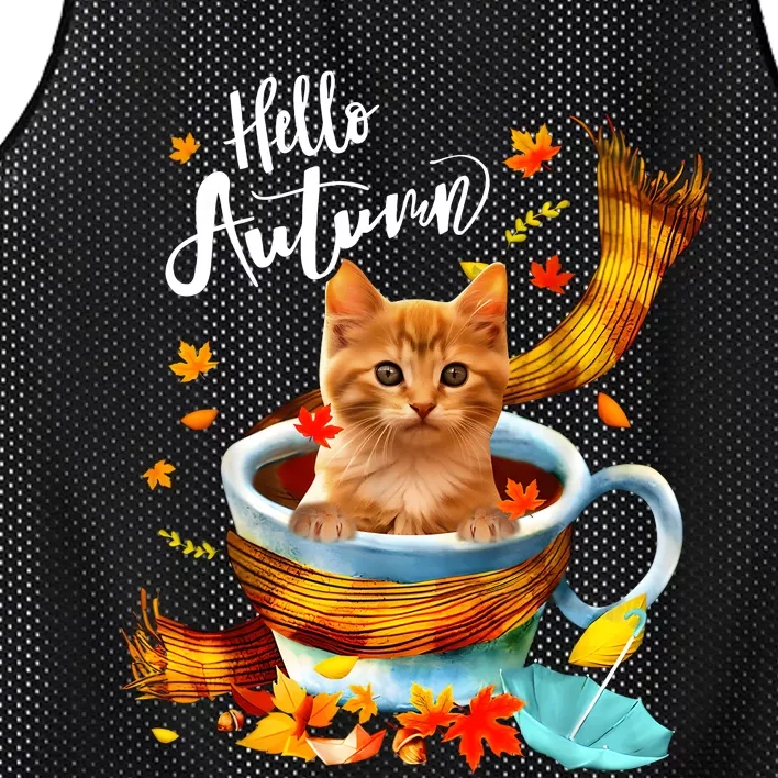 Funny Cat Leaf Fall Hello Autumn Cute Kitten Cat Lovers Mesh Reversible Basketball Jersey Tank