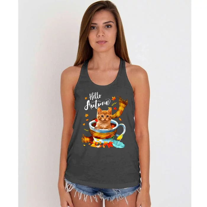 Funny Cat Leaf Fall Hello Autumn Cute Kitten Cat Lovers Women's Knotted Racerback Tank