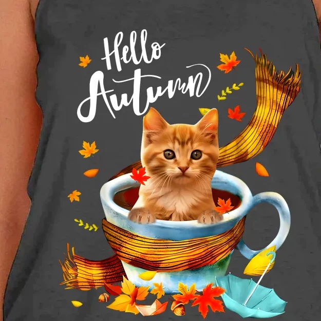 Funny Cat Leaf Fall Hello Autumn Cute Kitten Cat Lovers Women's Knotted Racerback Tank