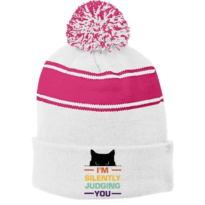 Funny Cats Lover I'm Silently Judging You Black Cat Stripe Pom Pom Beanie