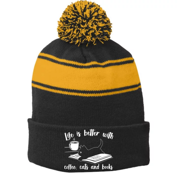 Funny Cute Life Is Better With Coffee Cats And Books Stripe Pom Pom Beanie