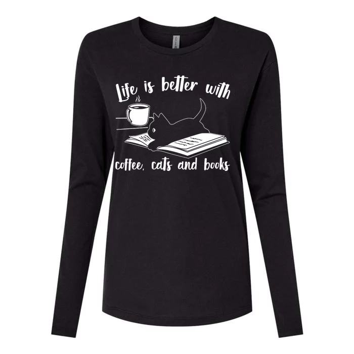 Funny Cute Life Is Better With Coffee Cats And Books Womens Cotton Relaxed Long Sleeve T-Shirt