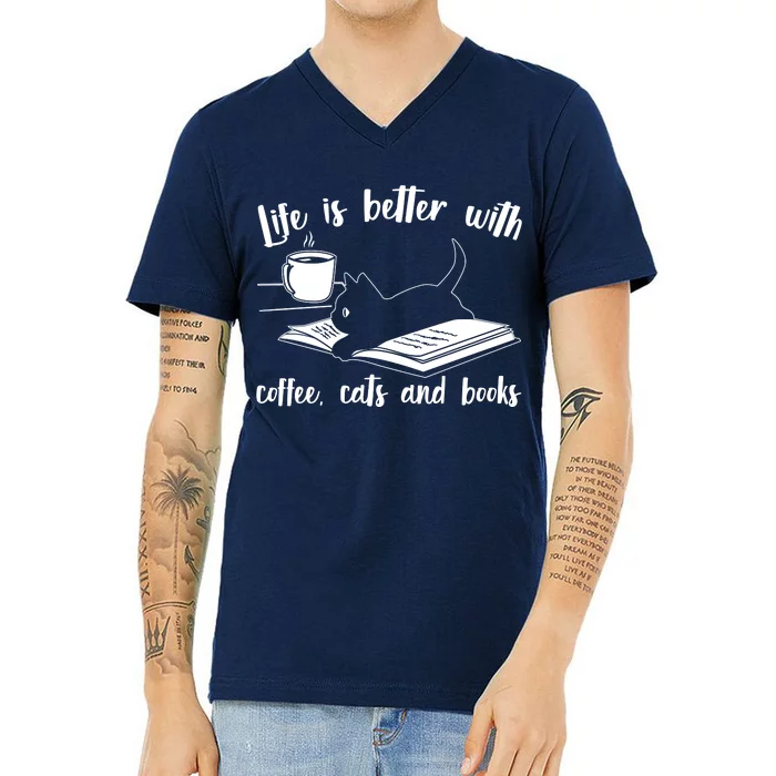 Funny Cute Life Is Better With Coffee Cats And Books V-Neck T-Shirt