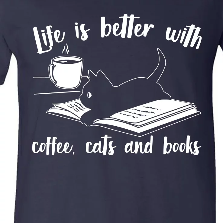 Funny Cute Life Is Better With Coffee Cats And Books V-Neck T-Shirt