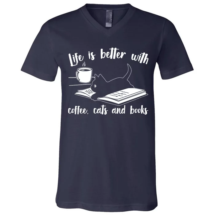 Funny Cute Life Is Better With Coffee Cats And Books V-Neck T-Shirt