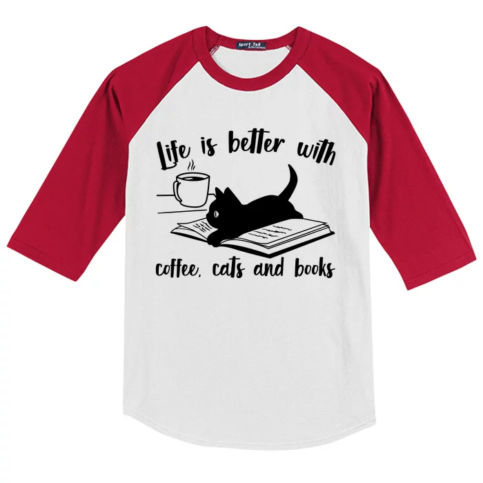 Funny Cute Life Is Better With Coffee Cats And Books Kids Colorblock Raglan Jersey