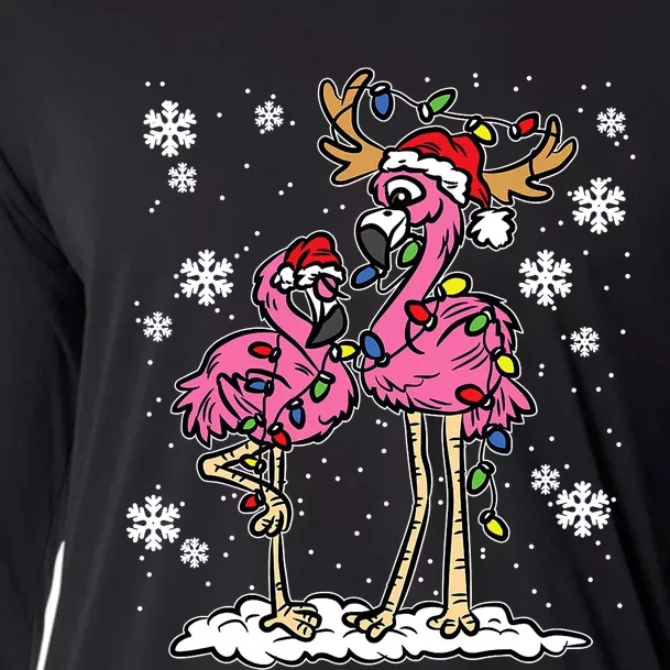 Flamingo Christmas Lights Santa Hat Pajama Cute Animal XMas Cooling Performance Long Sleeve Crew