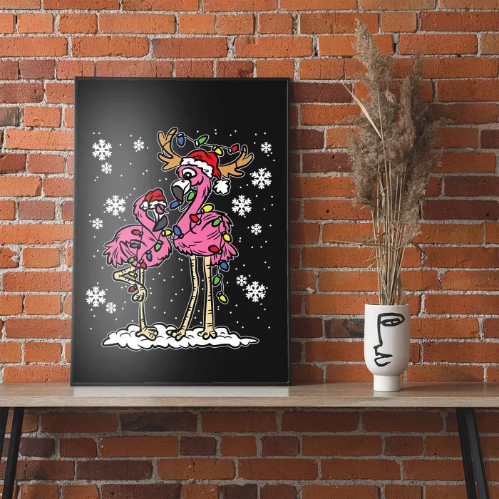 Flamingo Christmas Lights Santa Hat Pajama Cute Animal XMas Poster