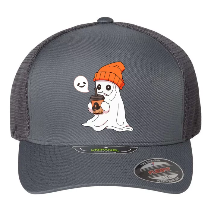 Funny Cute Little Ghost Halloween Spooky Season Drinking Coffee Gift Flexfit Unipanel Trucker Cap