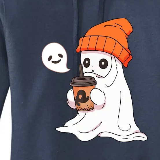 Funny Cute Little Ghost Halloween Spooky Season Drinking Coffee Gift Women's Pullover Hoodie