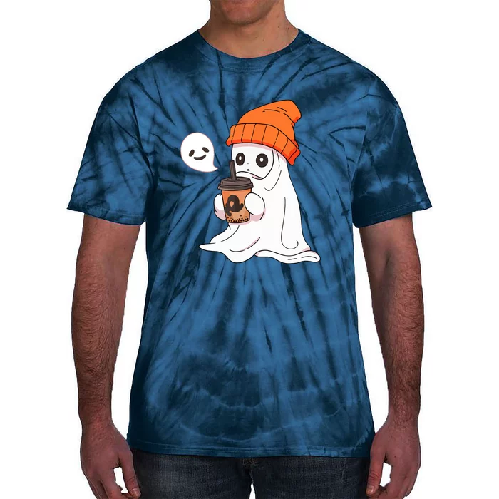 Funny Cute Little Ghost Halloween Spooky Season Drinking Coffee Gift Tie-Dye T-Shirt