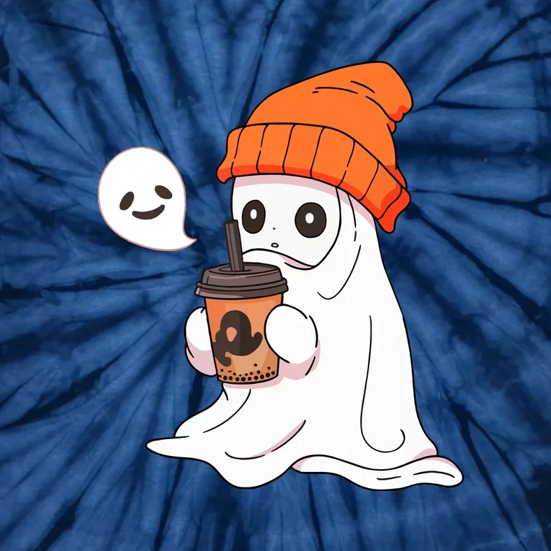 Funny Cute Little Ghost Halloween Spooky Season Drinking Coffee Gift Tie-Dye T-Shirt