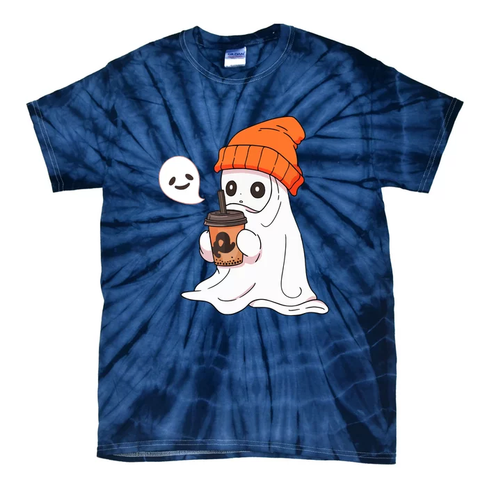 Funny Cute Little Ghost Halloween Spooky Season Drinking Coffee Gift Tie-Dye T-Shirt