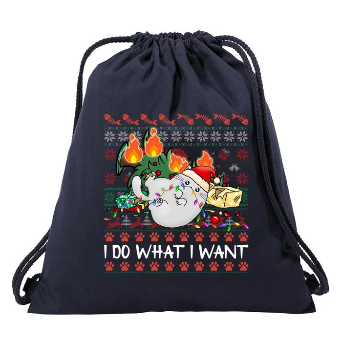 Funny Cat Lovers I Do What I Want Ugly Christmas Sweater Meaningful Gift Drawstring Bag