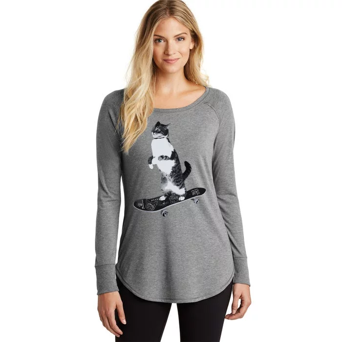 Funny Cats Lovers Skateboarding Cat Women's Perfect Tri Tunic Long Sleeve Shirt