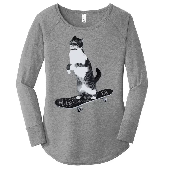 Funny Cats Lovers Skateboarding Cat Women's Perfect Tri Tunic Long Sleeve Shirt