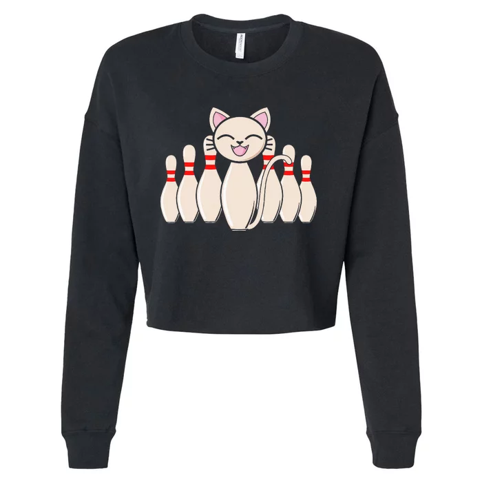 Funny Cat Lover Tee Bowling Pin Cat Bowler Bowling Player Cropped Pullover Crew