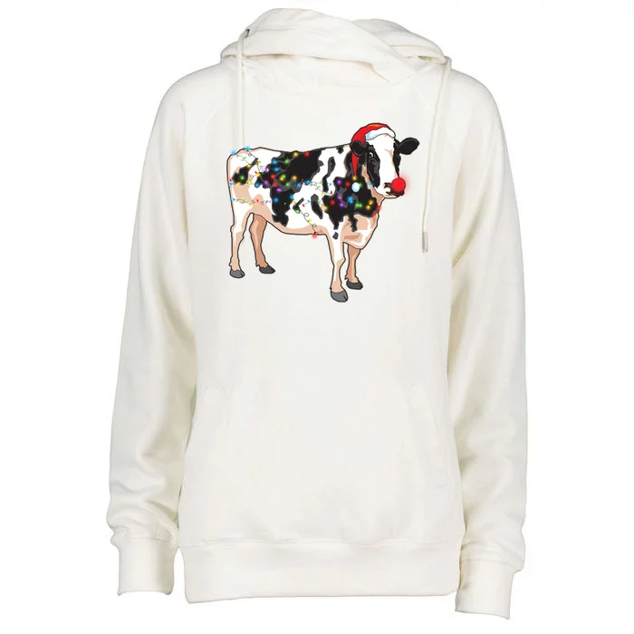 Funny Christmas Lights Cow Womens Funnel Neck Pullover Hood